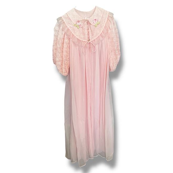 Vintage Pink Lace Nightgown Dress Coquette Cottagecore Lolita - Picture 3 of 16